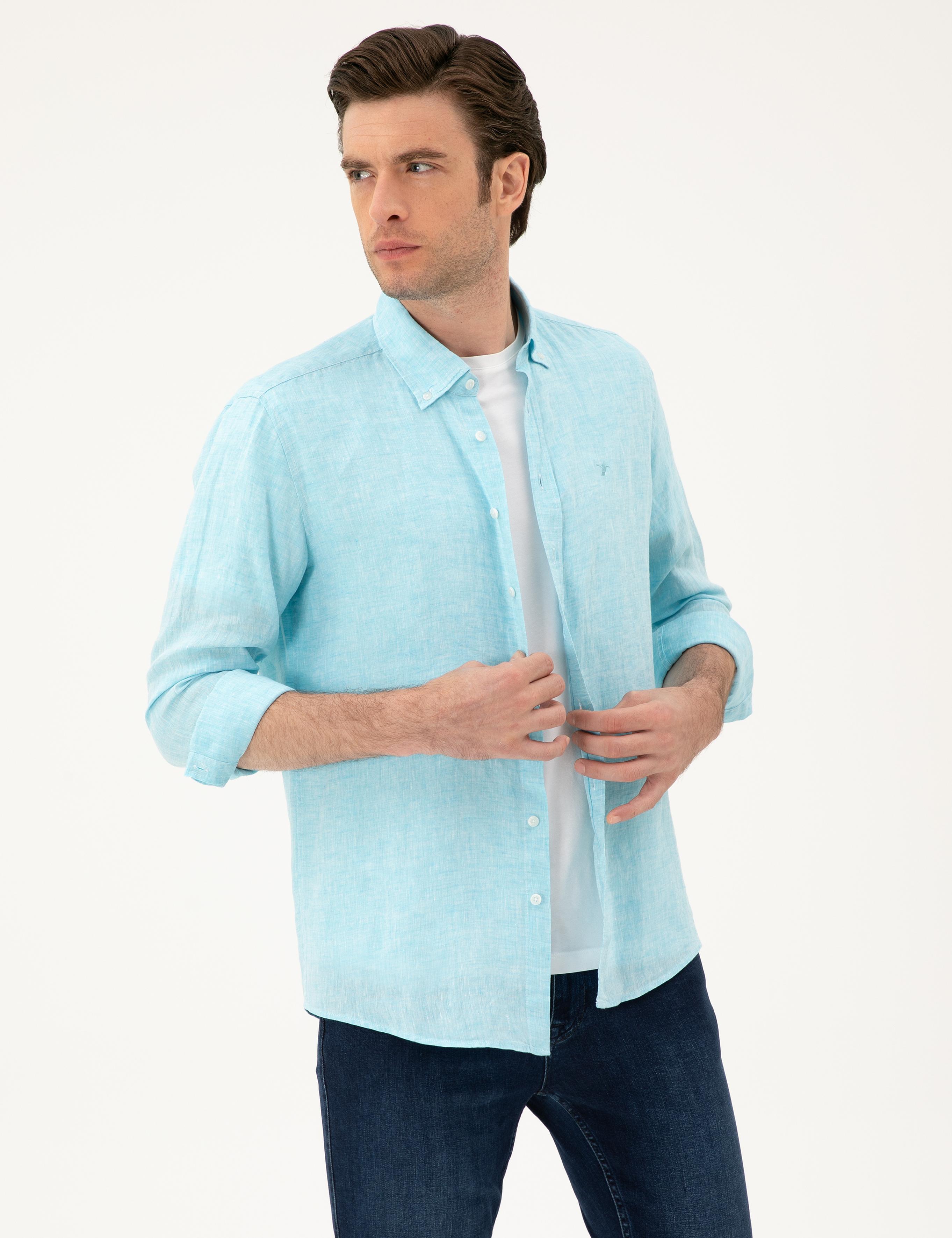 Turkuaz Regular Fit %100 Keten Gömlek - 50284823266