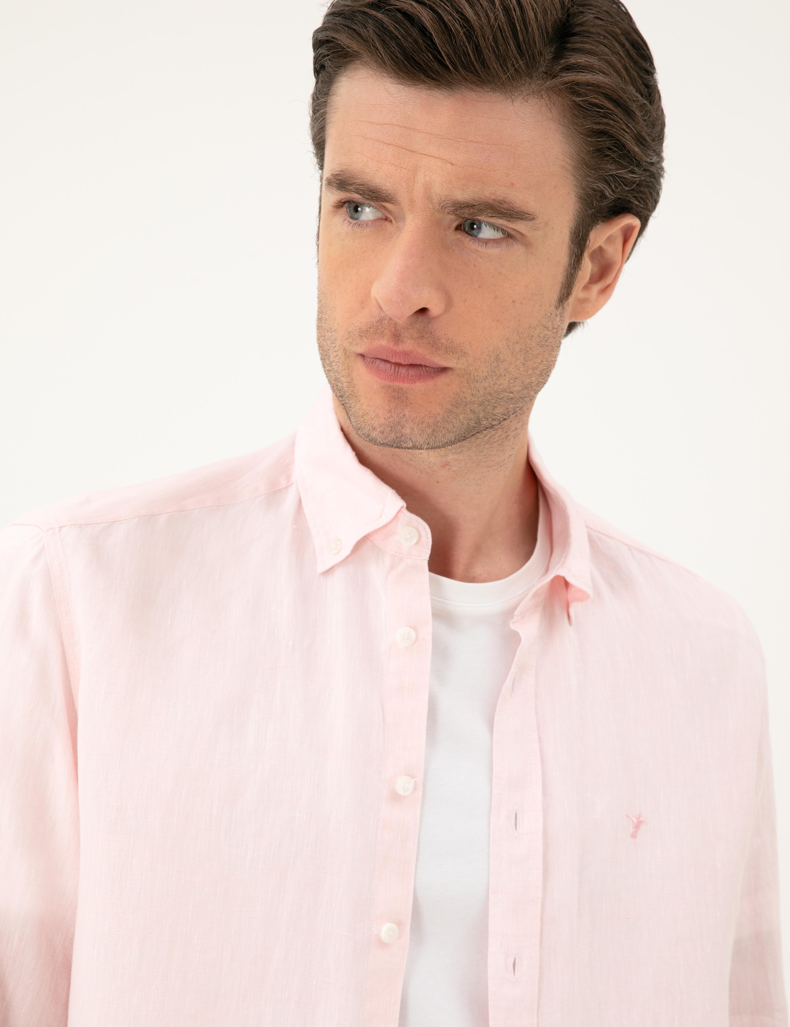 Pembe Regular Fit %100 Keten Gömlek - 50284823302