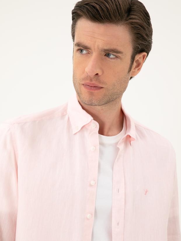 Pembe Regular Fit %100 Keten Gömlek