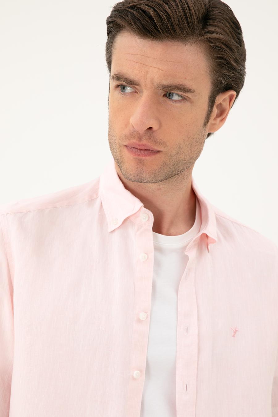 Pembe Regular Fit %100 Keten Gömlek - 50284823302
