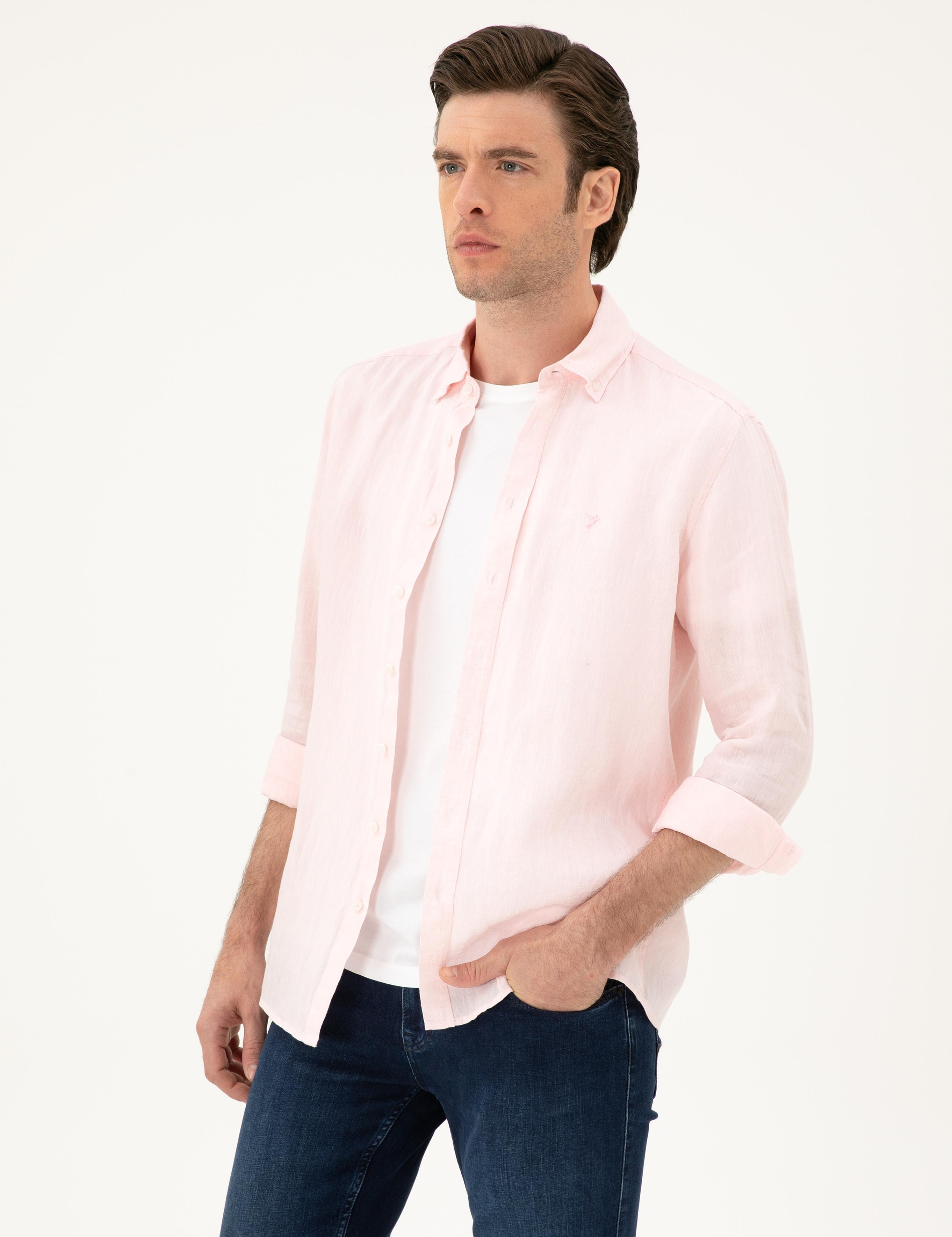 Pembe Regular Fit %100 Keten Gömlek - 50284823302