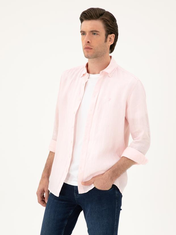Pembe Regular Fit %100 Keten Gömlek