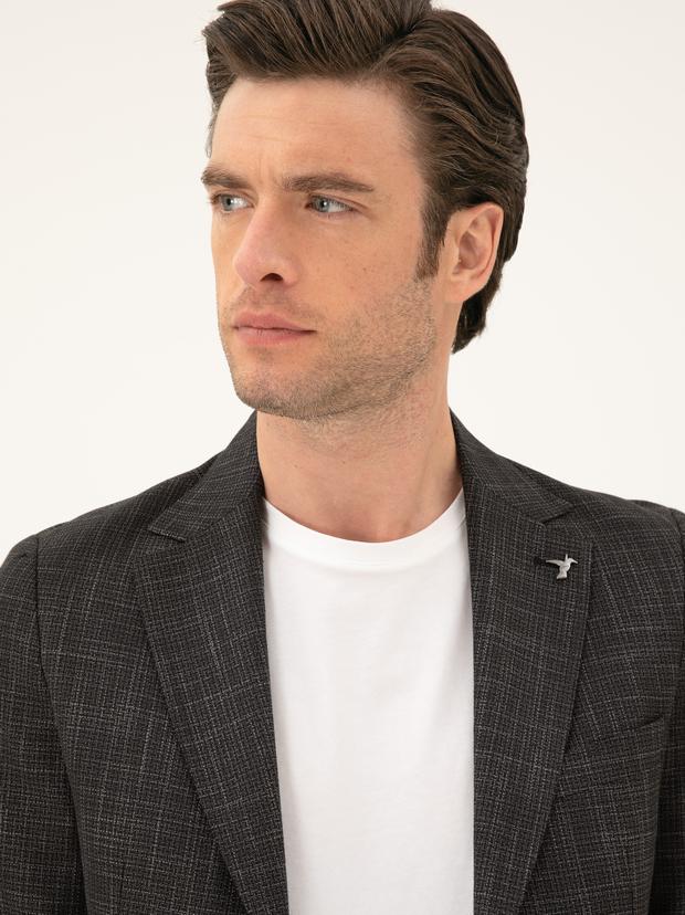 Siyah Slim Fit Keten Karışımlı Ceket