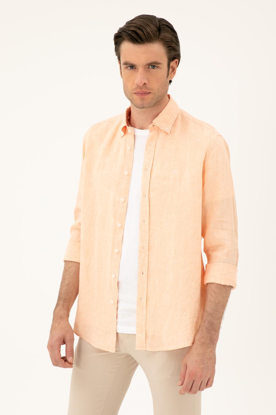 Turuncu Regular Fit %100 Keten Gömlek - 50284823277