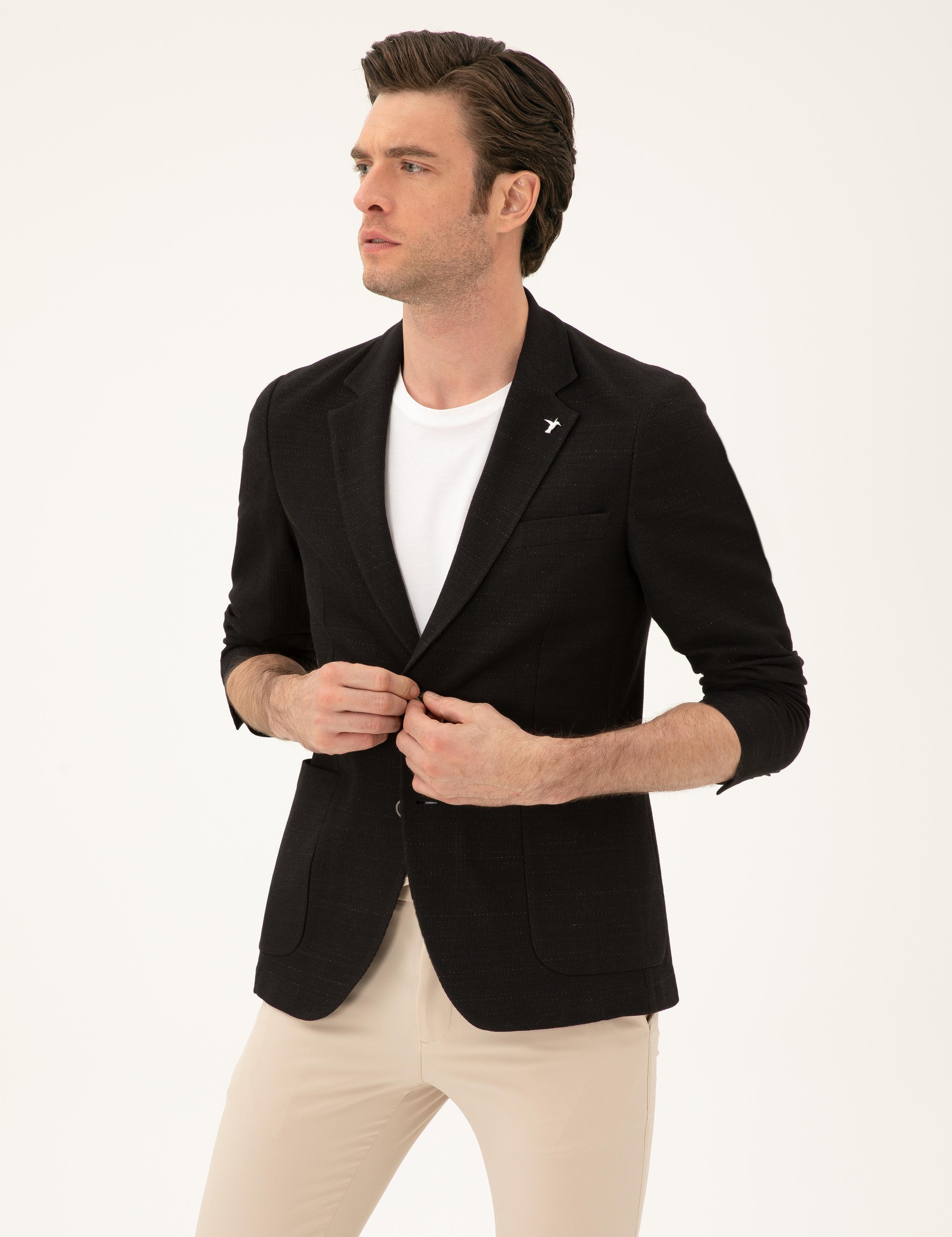 Siyah Slim Fit Pamuk Karışımlı Ceket - 50289001152