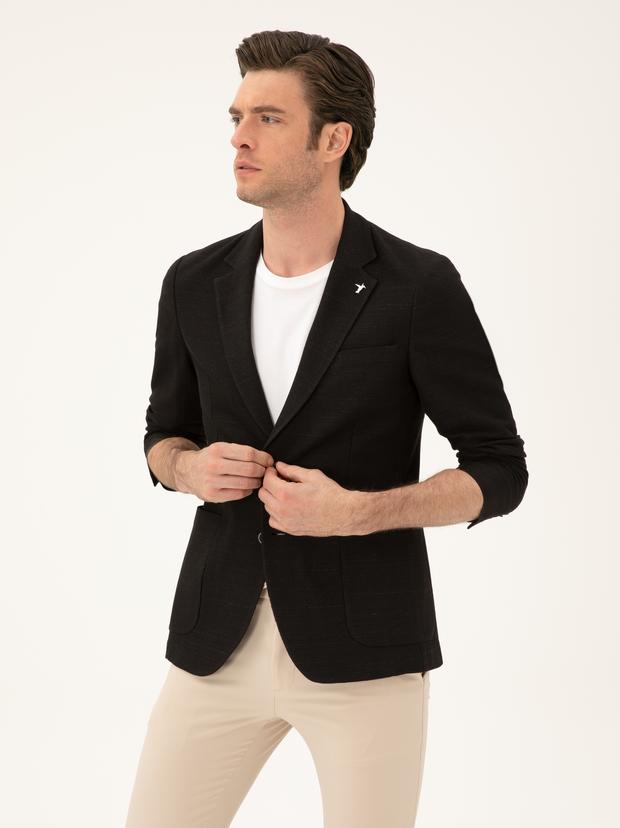 Siyah Slim Fit Pamuk Karışımlı Ceket