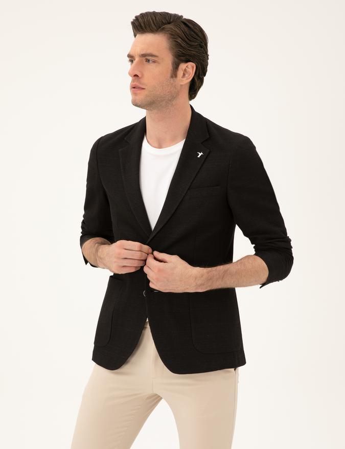 Siyah Slim Fit Pamuk Karışımlı Ceket