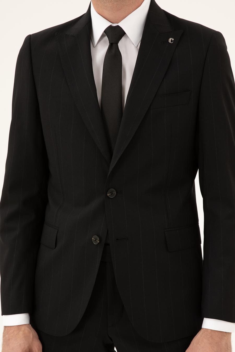 Siyah Slim Fit Çizgili Yün Karışımlı Takım Elbise - 50289000074