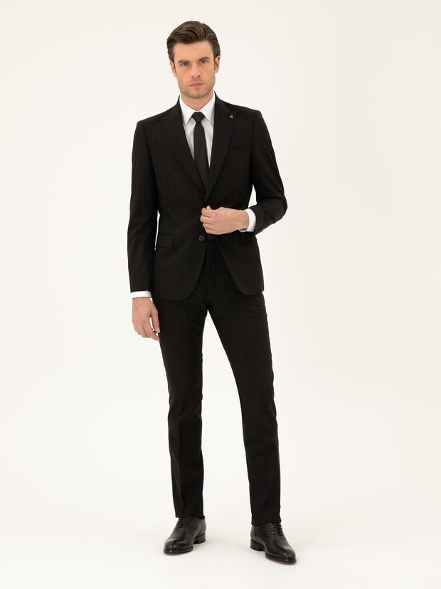 Siyah Slim Fit Çizgili Yün Karışımlı Takım Elbise