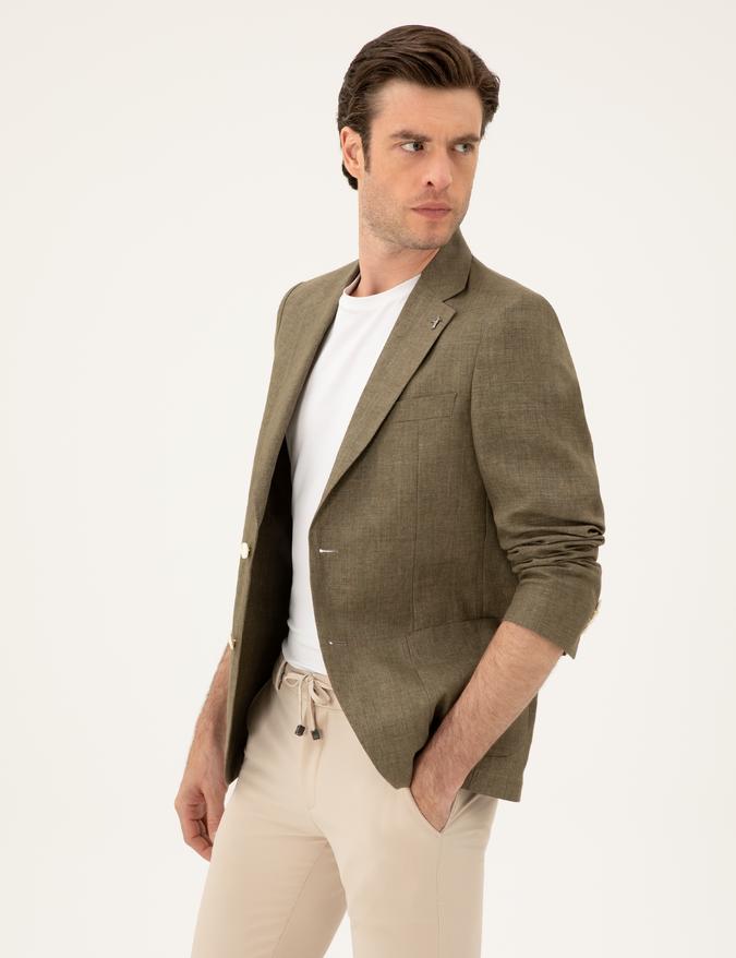 Haki Slim Fit %100 Keten Ceket