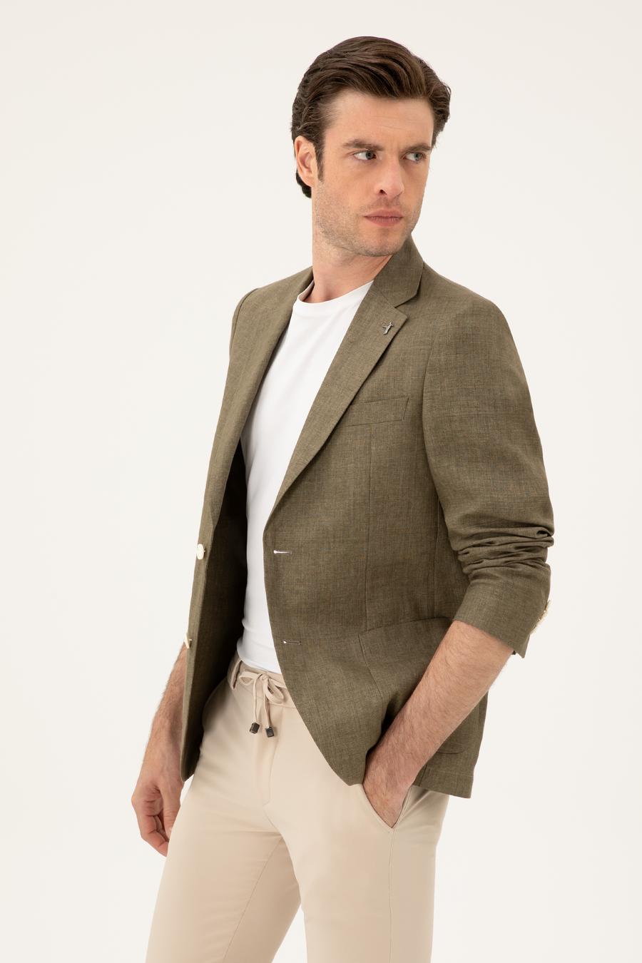 Haki Slim Fit %100 Keten Ceket - 50284764077