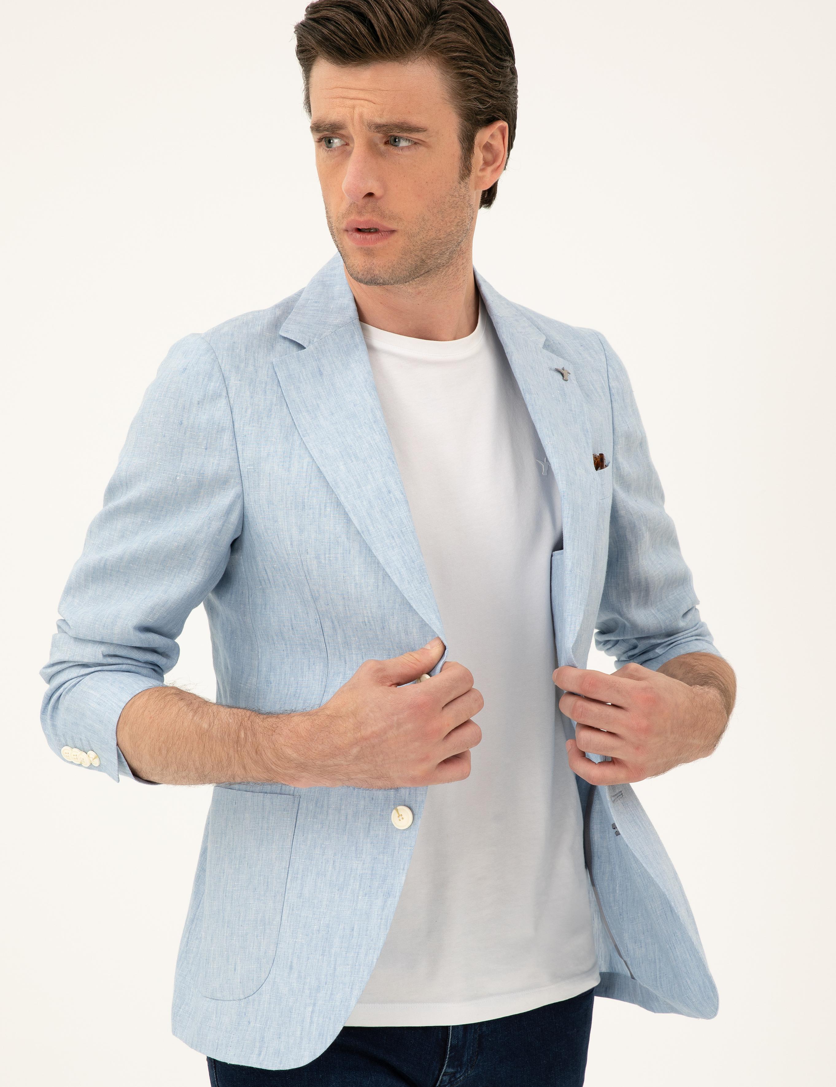 Açık Mavi Slim Fit %100 Keten Ceket - 50284764104