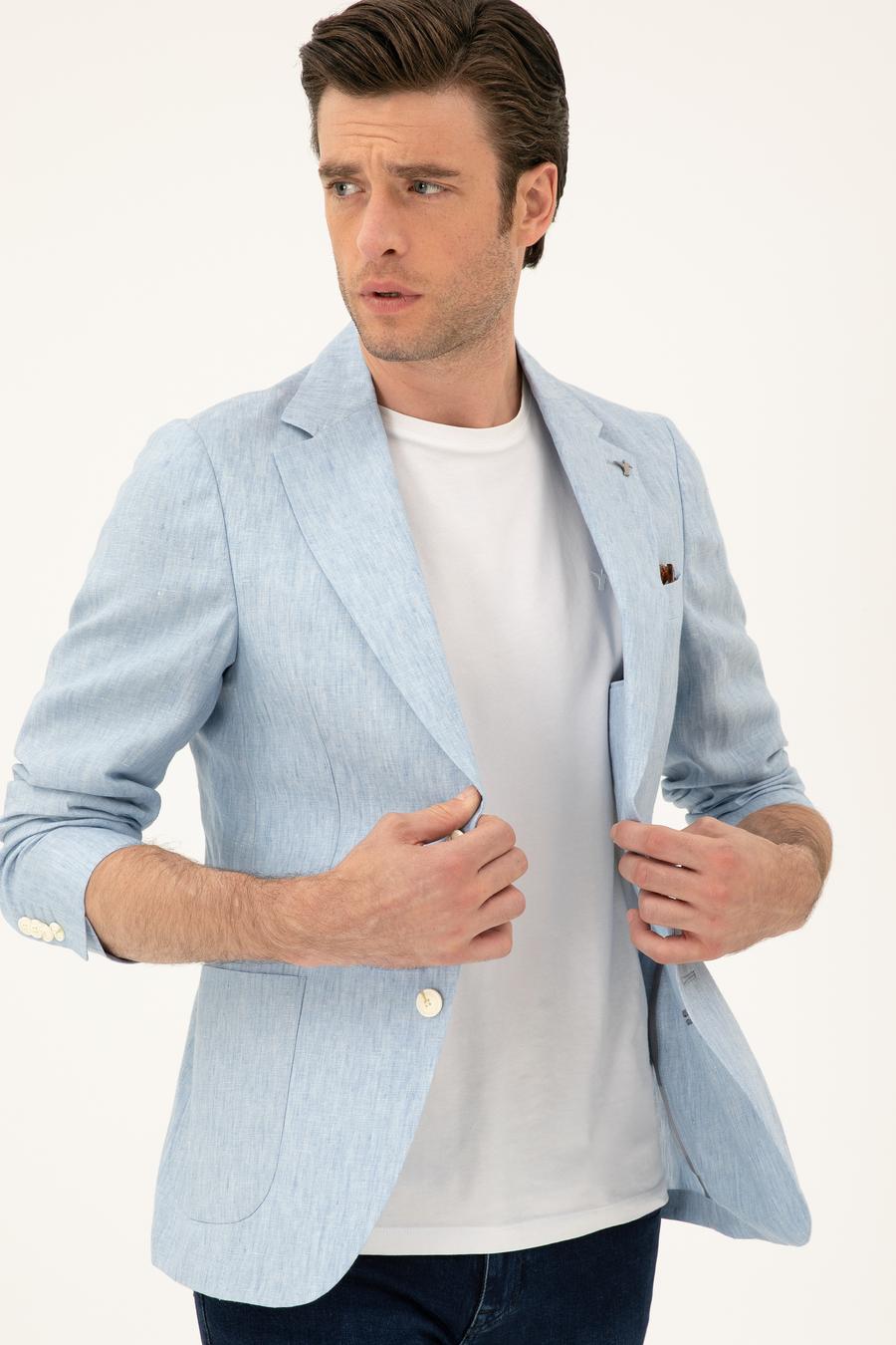 Açık Mavi Slim Fit %100 Keten Ceket - 50284764104