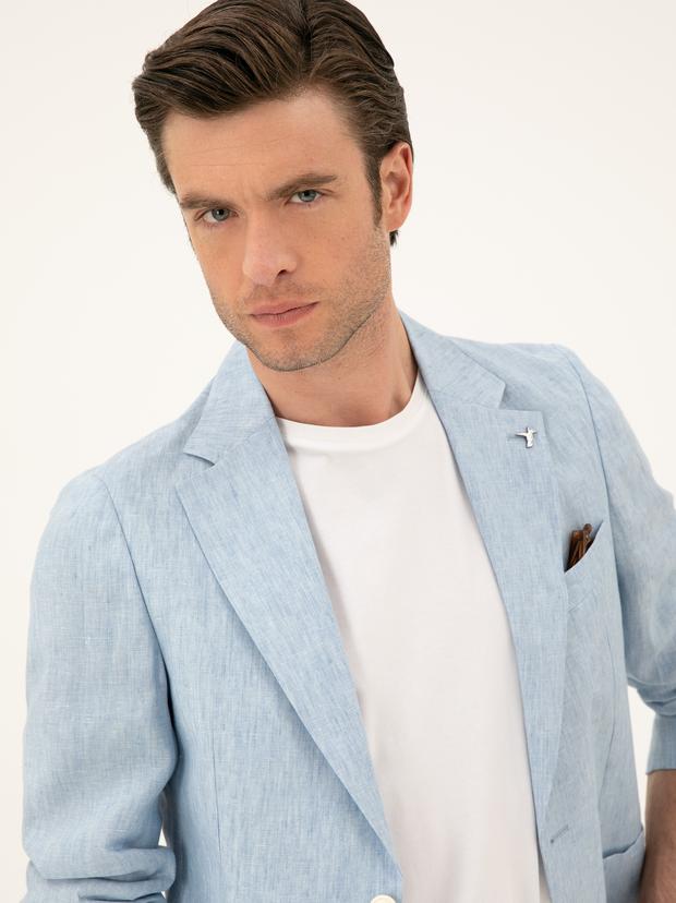 Açık Mavi Slim Fit %100 Keten Ceket