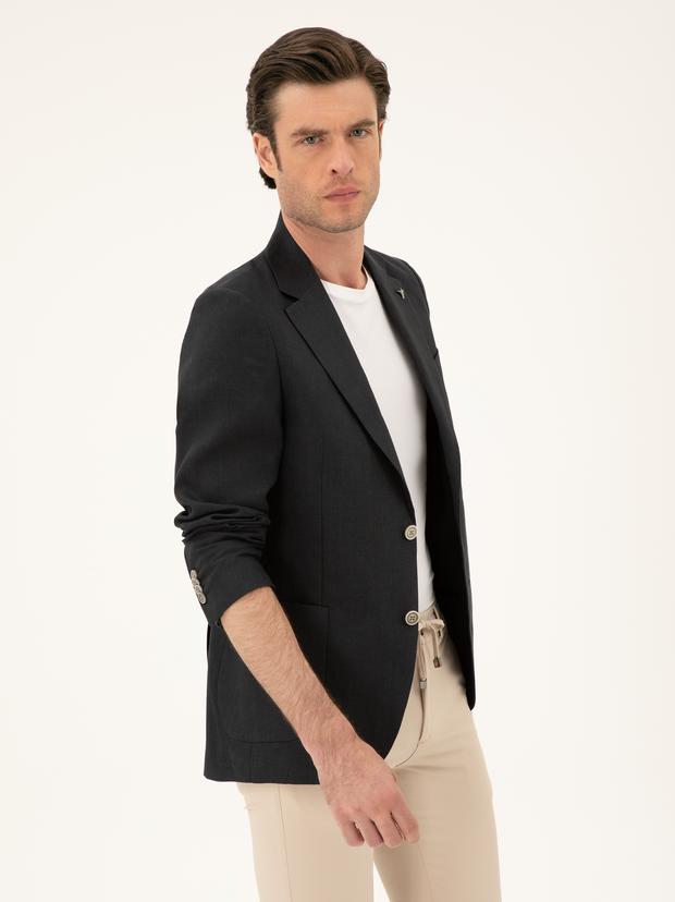 Siyah Slim Fit %100 Keten Ceket