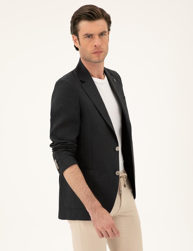 Siyah Slim Fit %100 Keten Ceket