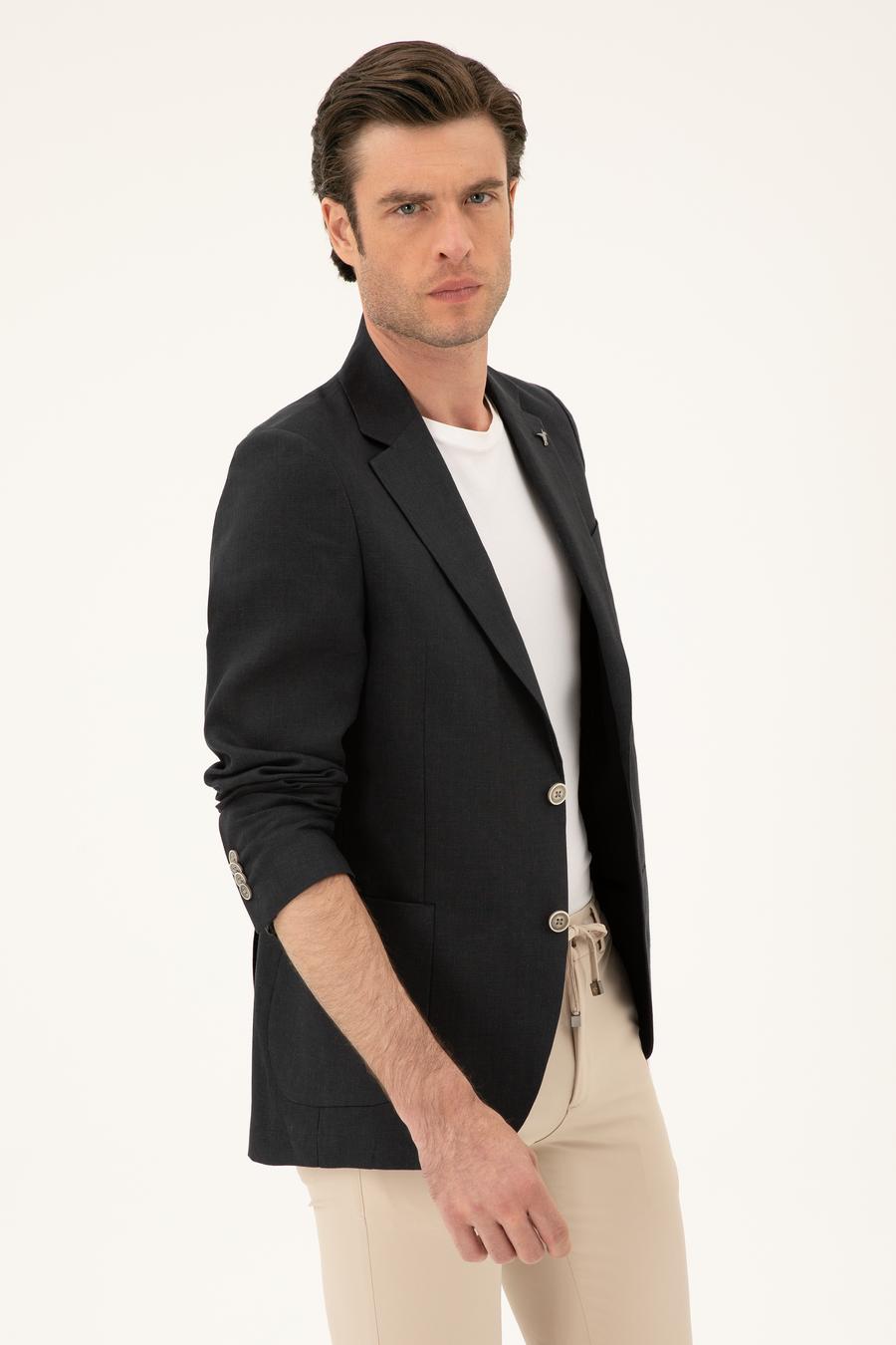 Siyah Slim Fit %100 Keten Ceket - 50284764308