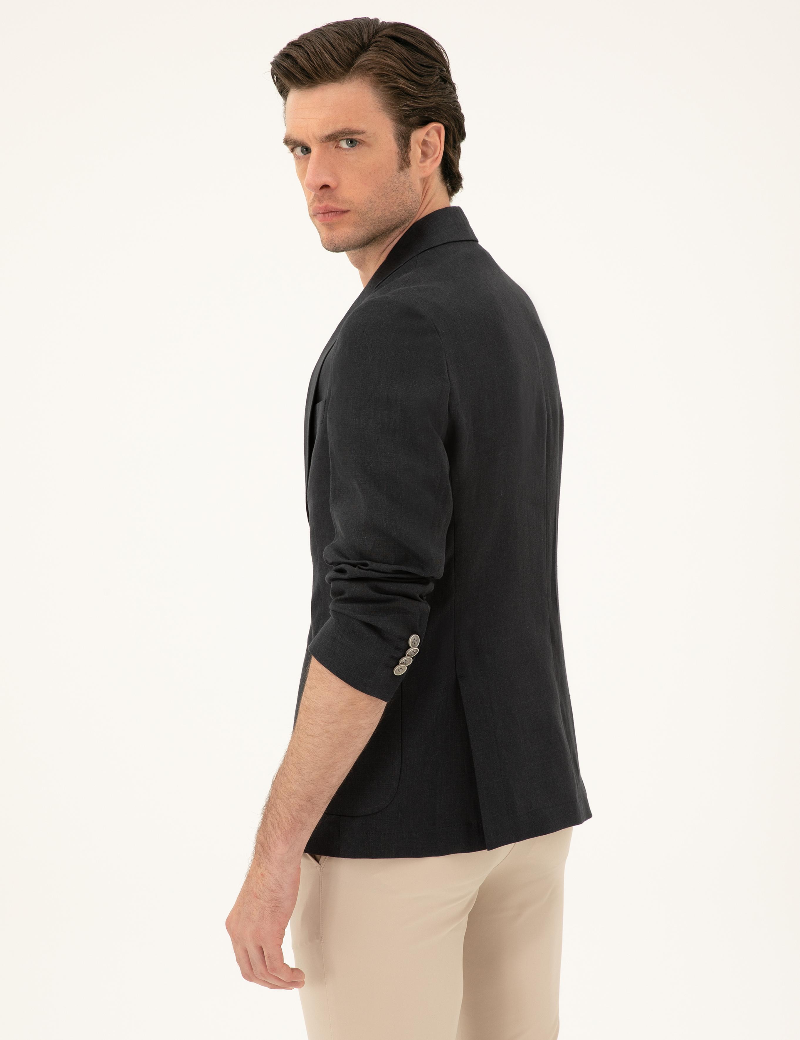Siyah Slim Fit %100 Keten Ceket - 50284764308