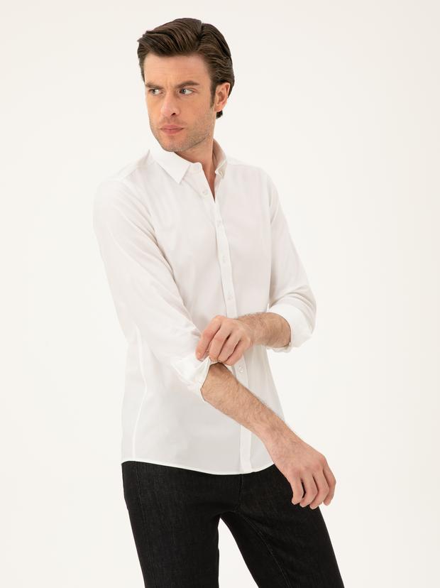 Beyaz Slim Fit Pmuk Karışımlı Gömlek