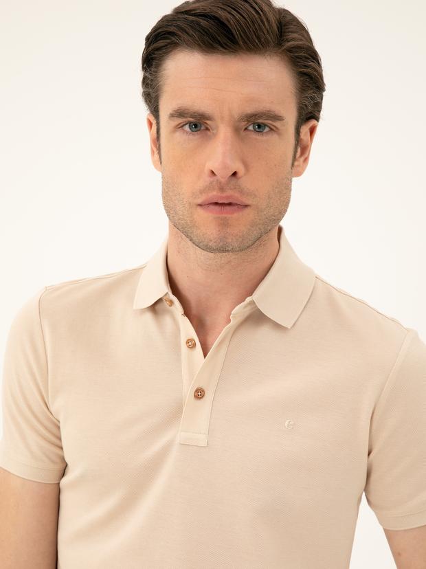 Bej Slim Fit Polo Yaka Merserize T-shirt
