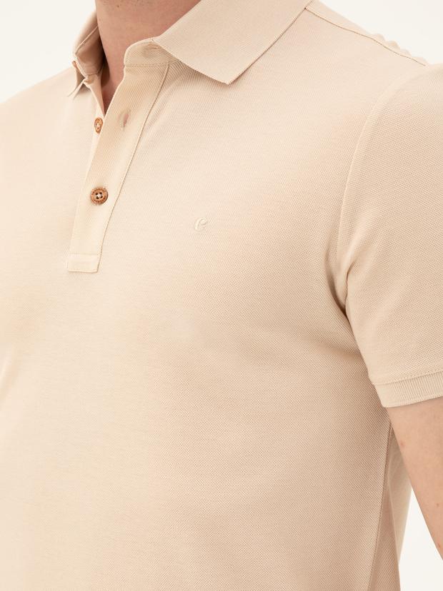 Bej Slim Fit Polo Yaka Merserize T-shirt