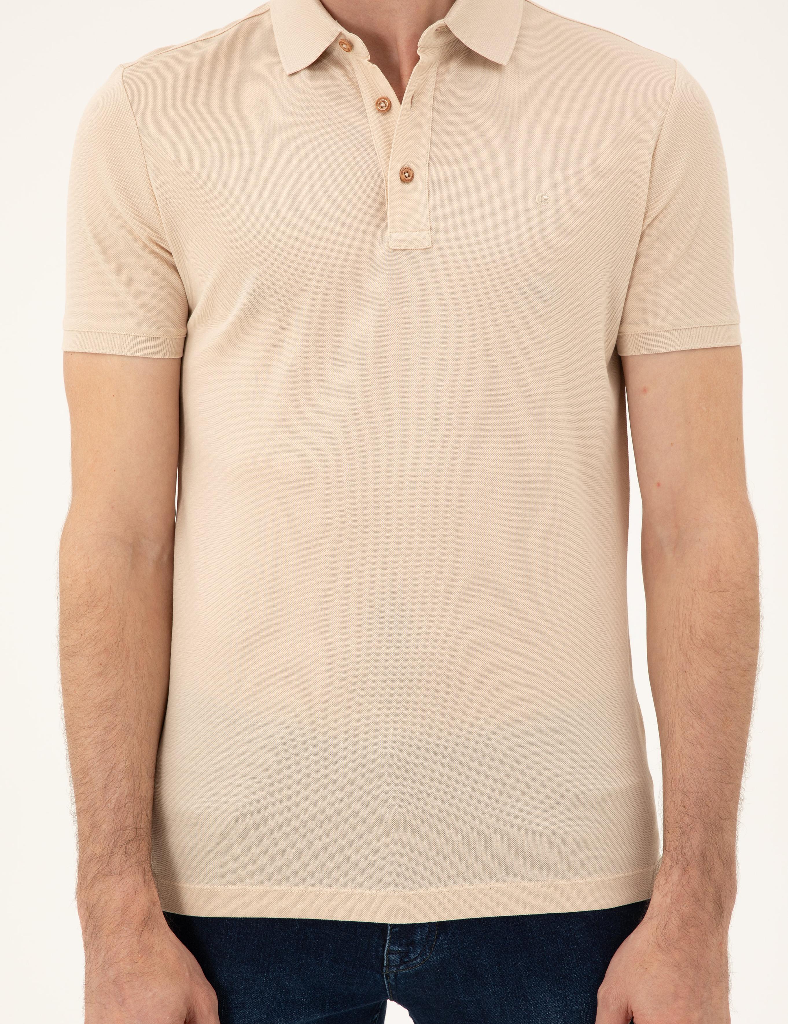 Bej Slim Fit Polo Yaka Merserize T-shirt - 50284769129