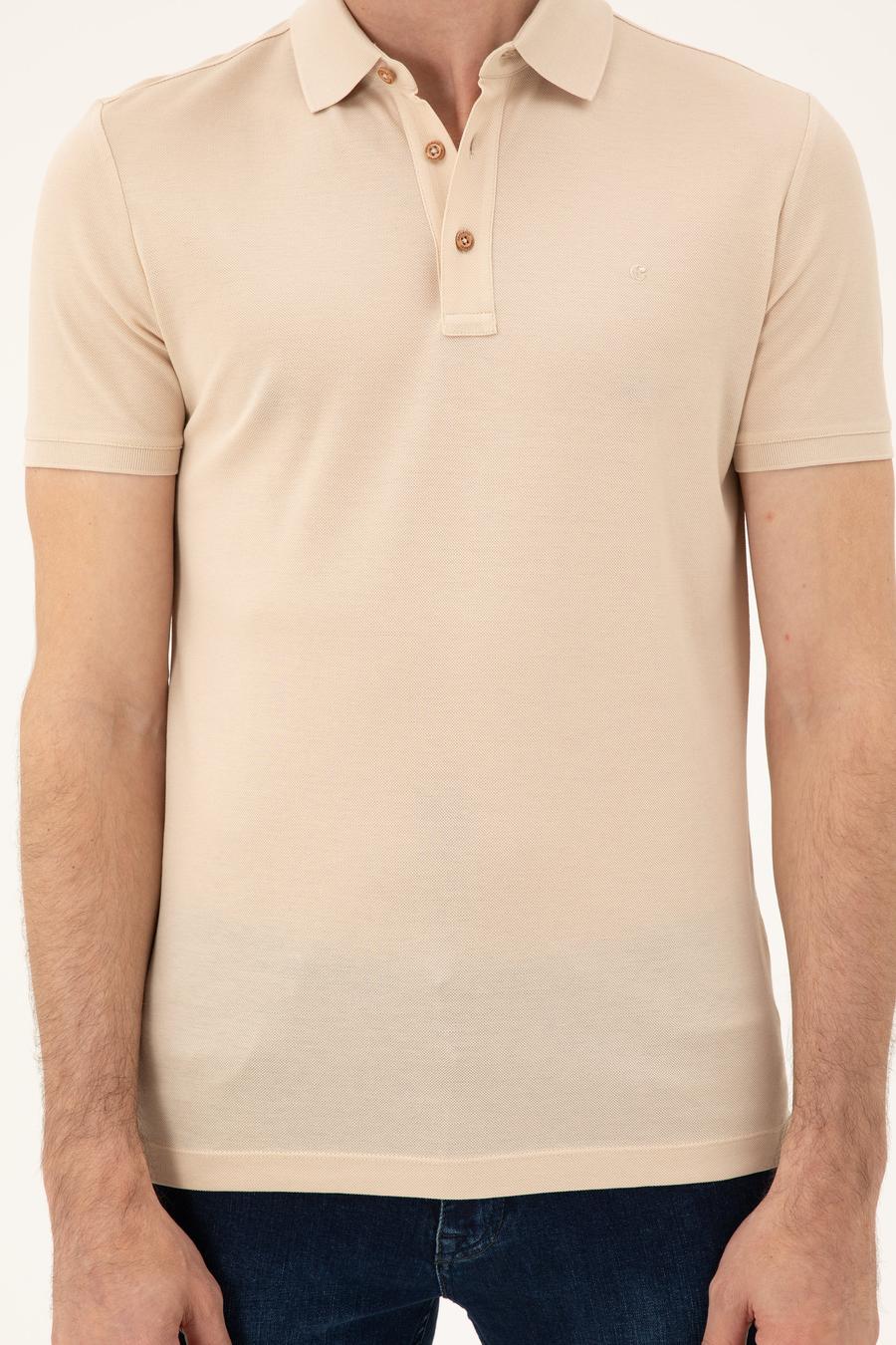 Bej Slim Fit Polo Yaka Merserize T-shirt - 50284769129