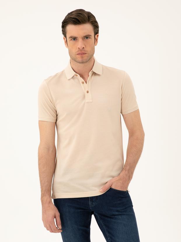 Bej Slim Fit Polo Yaka Merserize T-shirt