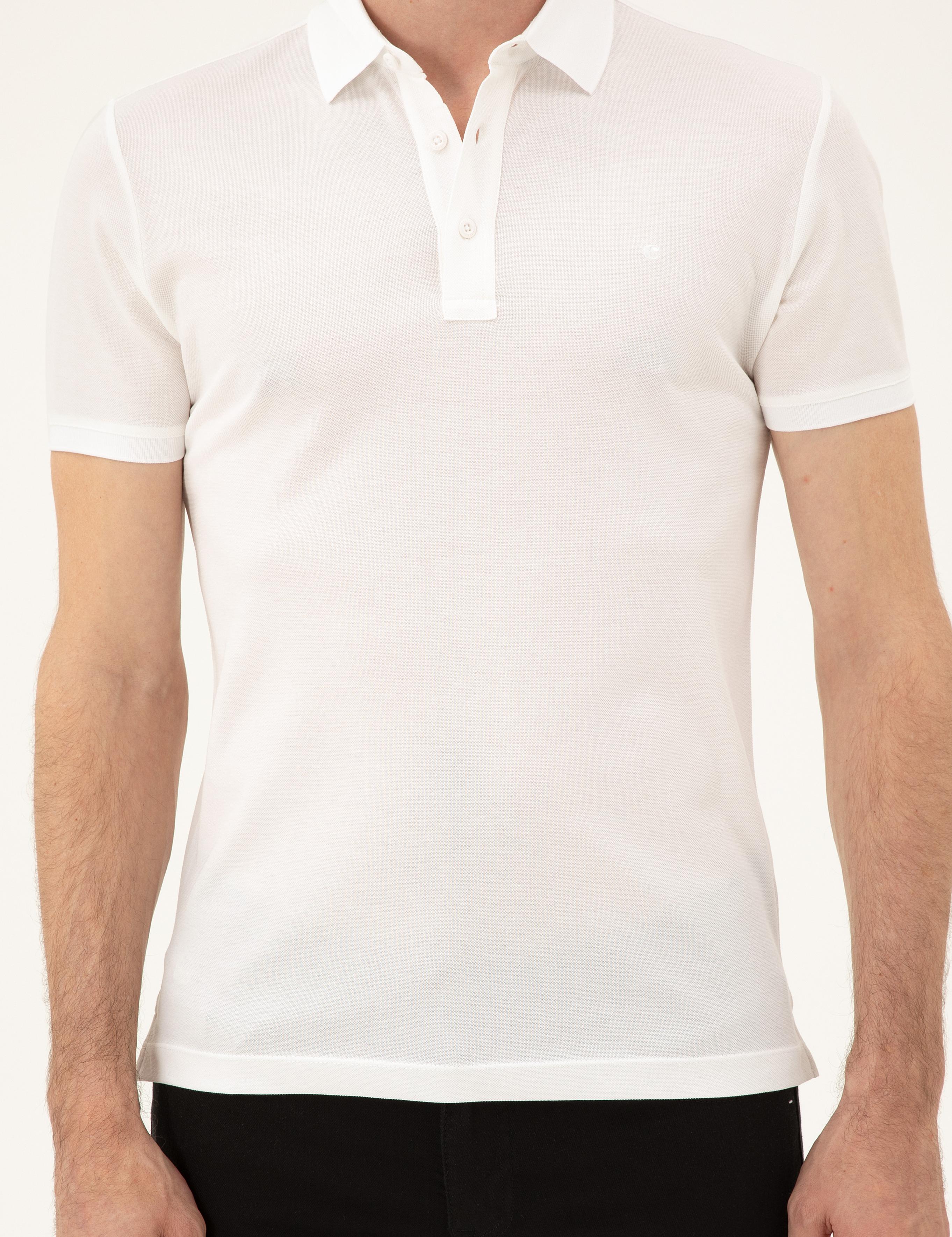 Beyaz Slim Fit Polo Yaka Merserize T-shirt - 50284769017