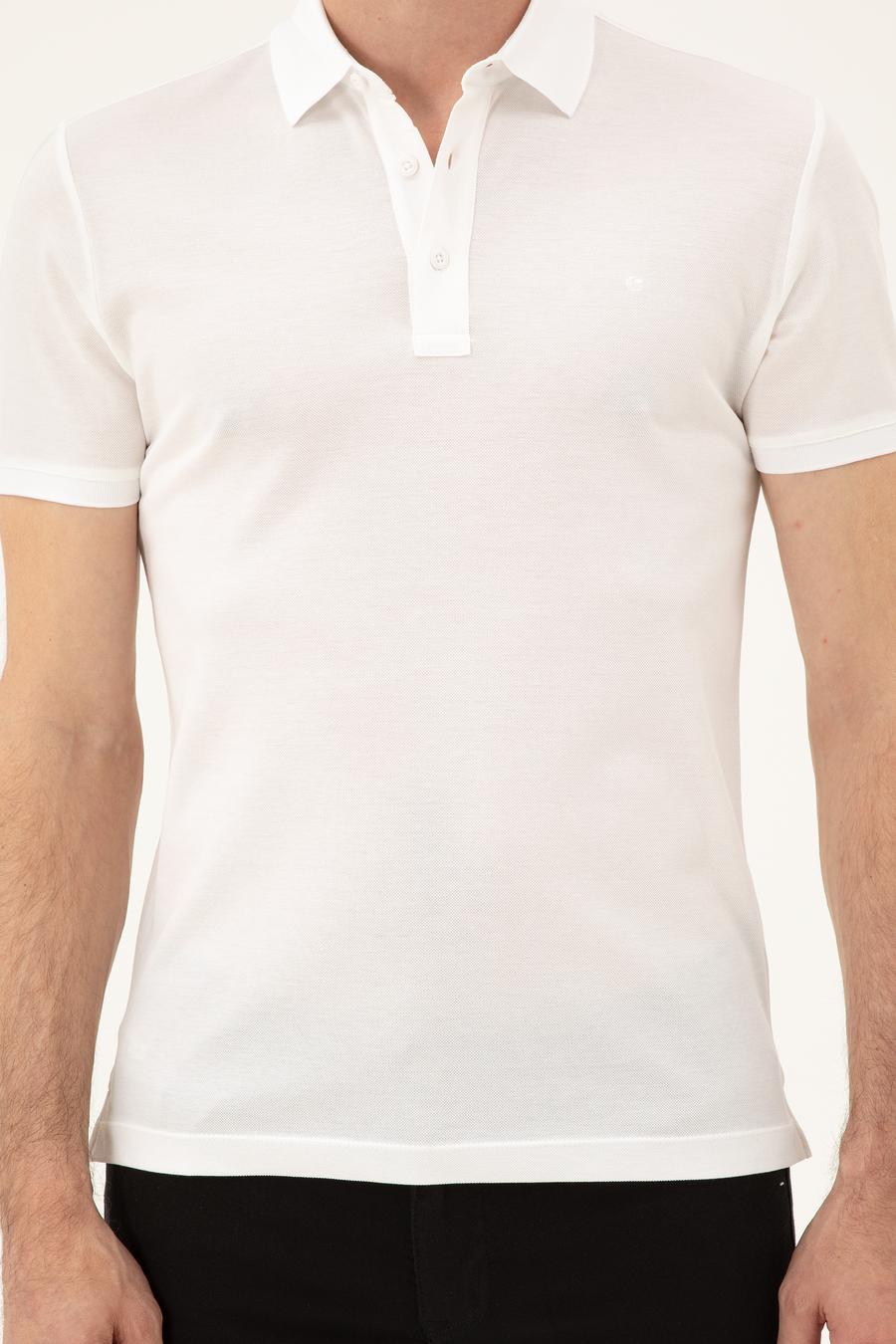 Beyaz Slim Fit Polo Yaka Merserize T-shirt - 50284769017