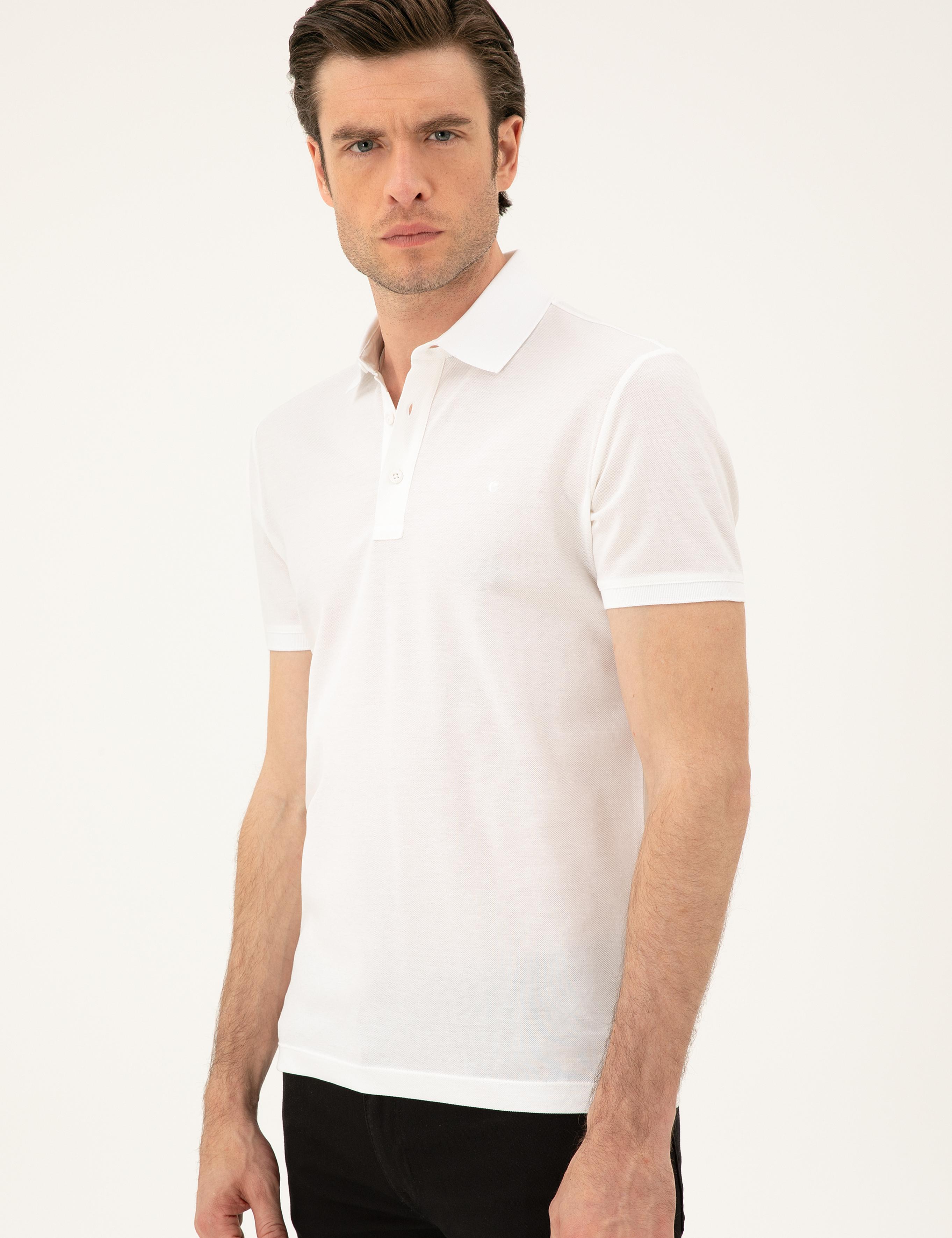 Beyaz Slim Fit Polo Yaka Merserize T-shirt - 50284769017