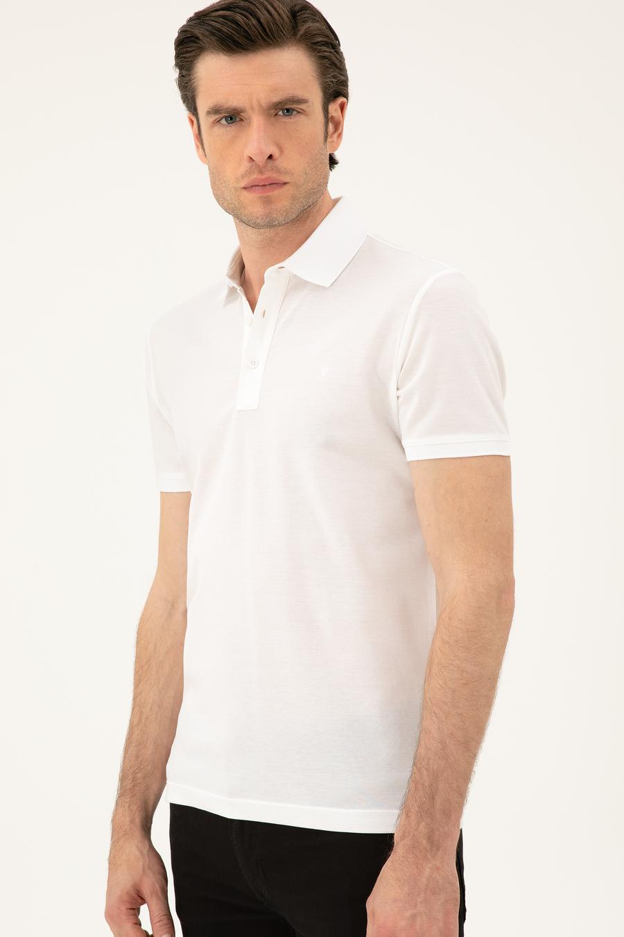 Beyaz Slim Fit Polo Yaka Merserize T-shirt - 50284769017