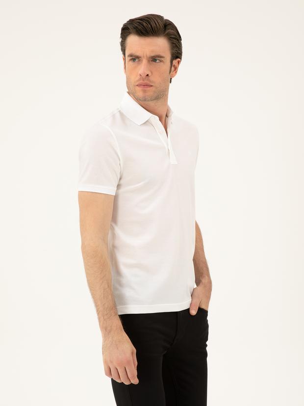 Beyaz Slim Fit Polo Yaka Merserize T-shirt