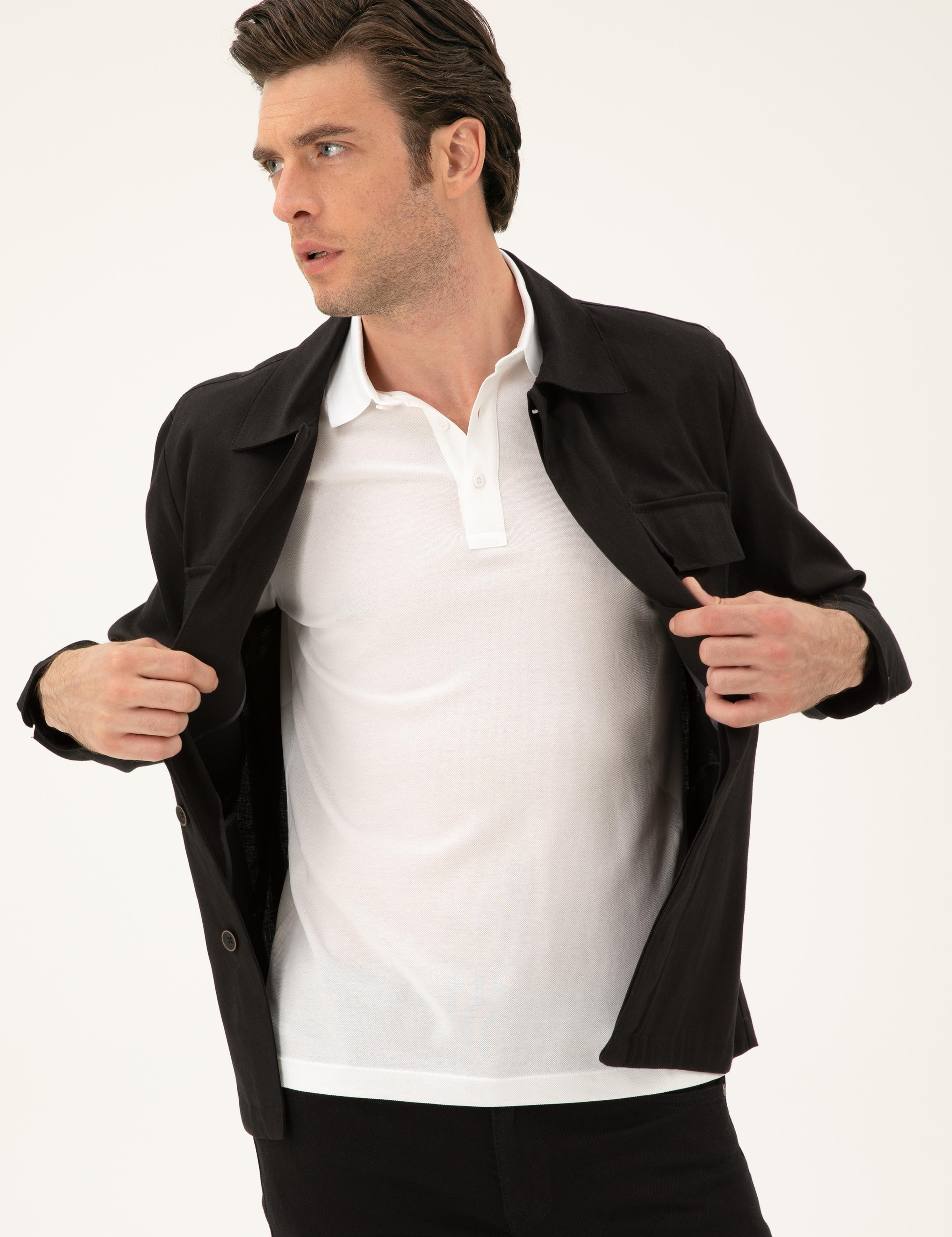 Siyah Slim Fit Keten Karışımlı Ceket Gömlek - 50288993104