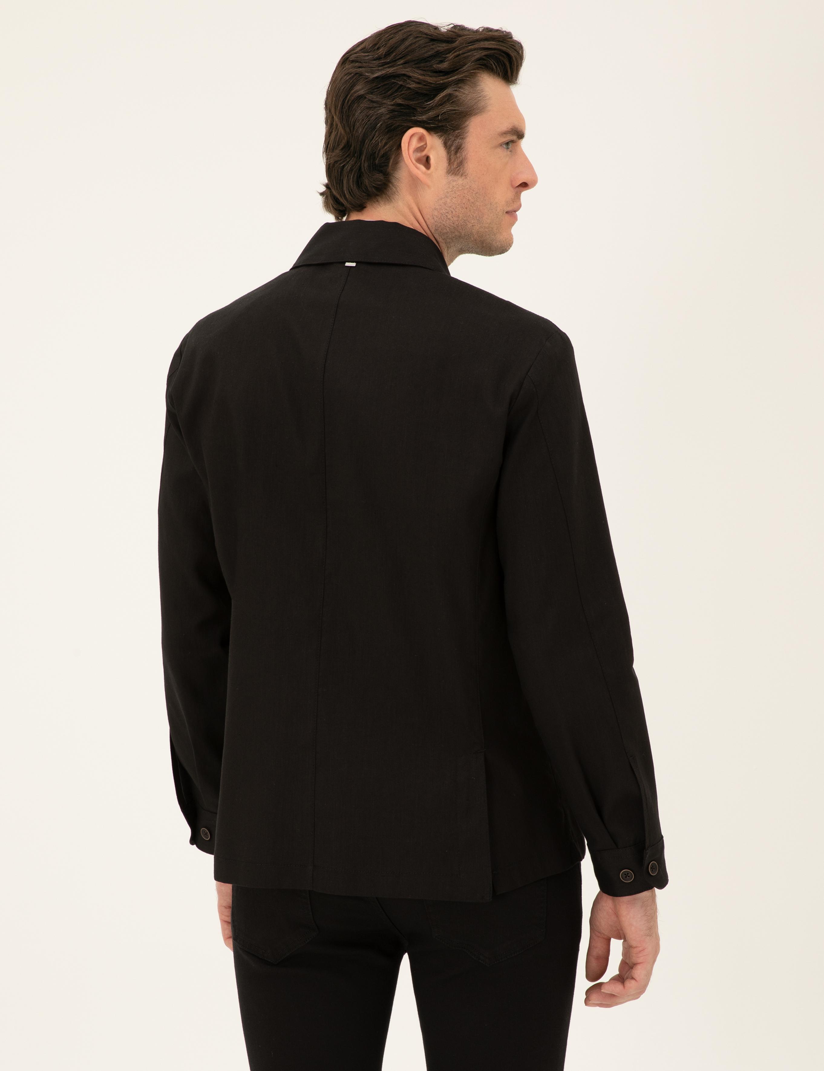 Siyah Slim Fit Keten Karışımlı Ceket Gömlek - 50288993104