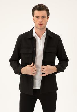 Siyah Slim Fit Keten Karışımlı Ceket Gömlek