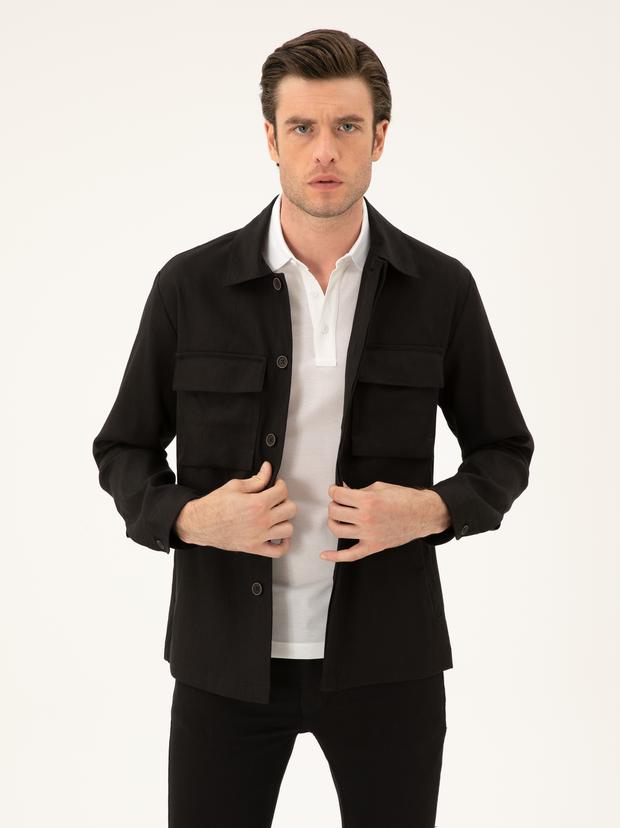 Siyah Slim Fit Keten Karışımlı Ceket Gömlek