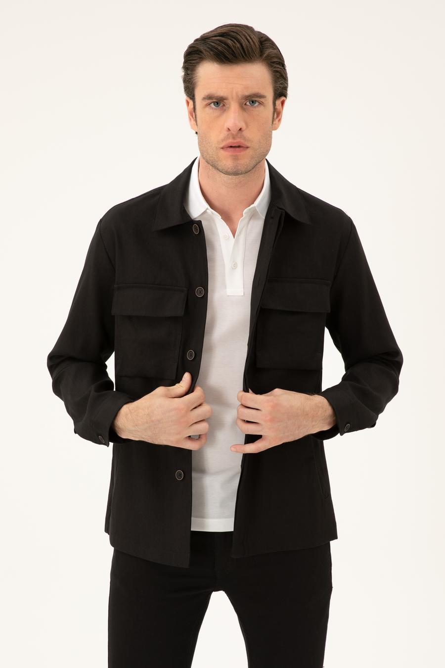 Siyah Slim Fit Keten Karışımlı Ceket Gömlek - 50288993104