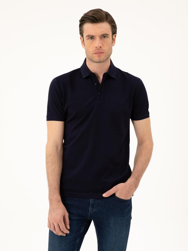 Lacivert Slim Fit Polo Yaka Merserize T-shirt
