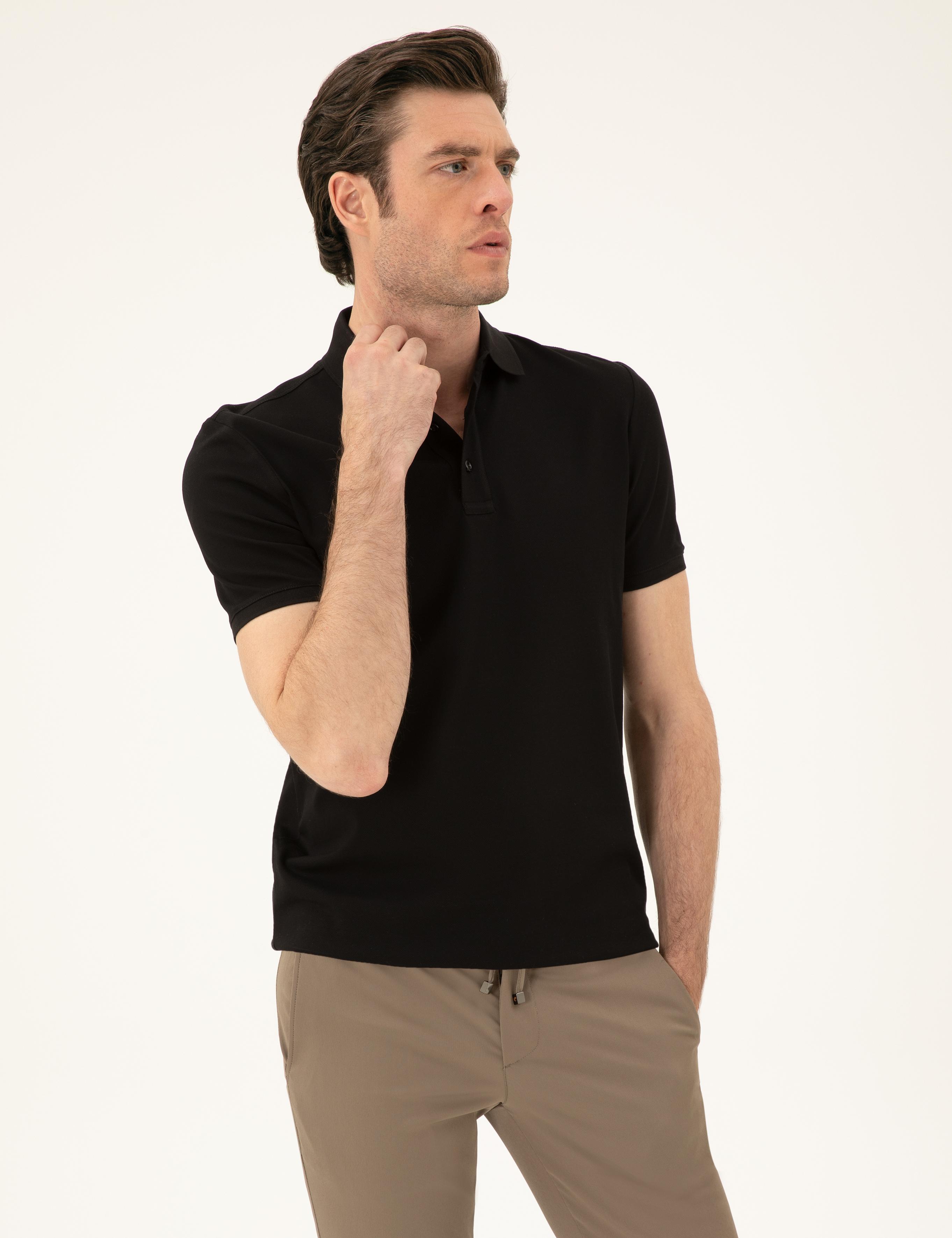 Siyah Slim Fit Polo Yaka Merserize T-shirt - 50284772014