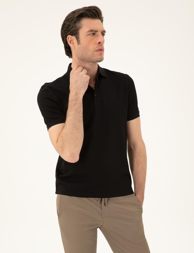 Siyah Slim Fit Polo Yaka Merserize T-shirt