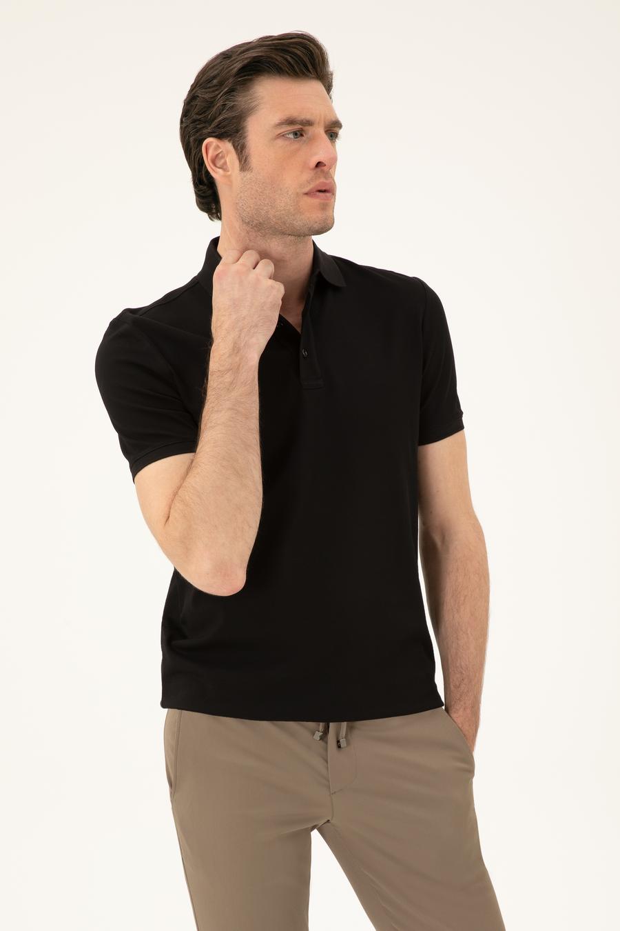 Siyah Slim Fit Polo Yaka Merserize T-shirt - 50284772014
