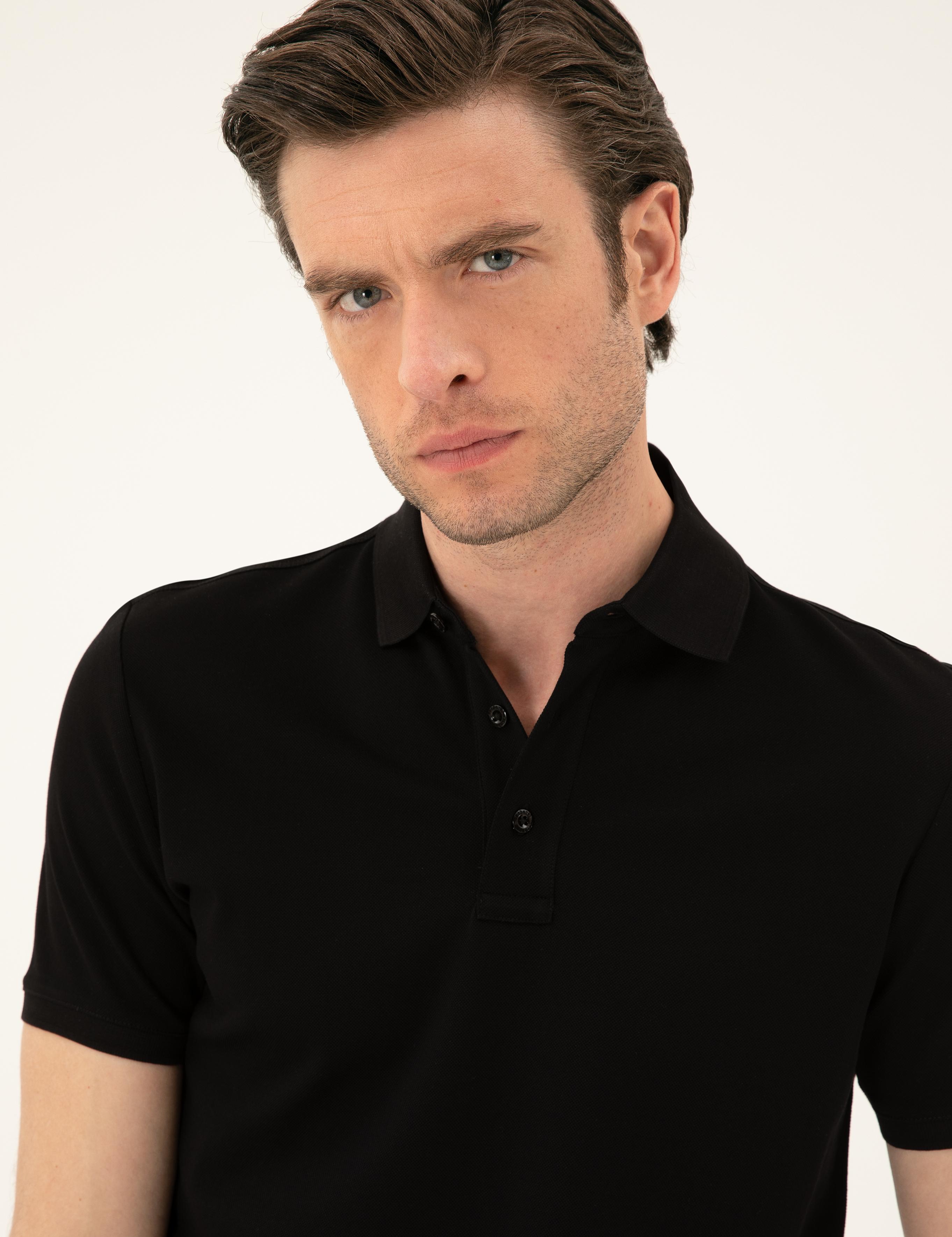 Siyah Slim Fit Polo Yaka Merserize T-shirt - 50284772014