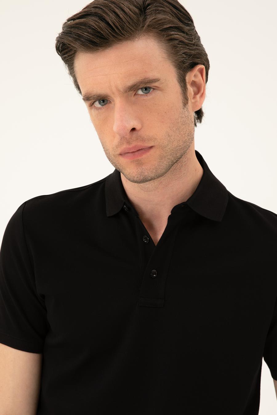 Siyah Slim Fit Polo Yaka Merserize T-shirt - 50284772014