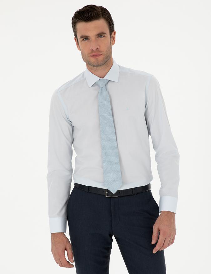 Açık Mavi Slim Fit %100 Pamuk Yarım İtalyan Yaka Basic Gömlek