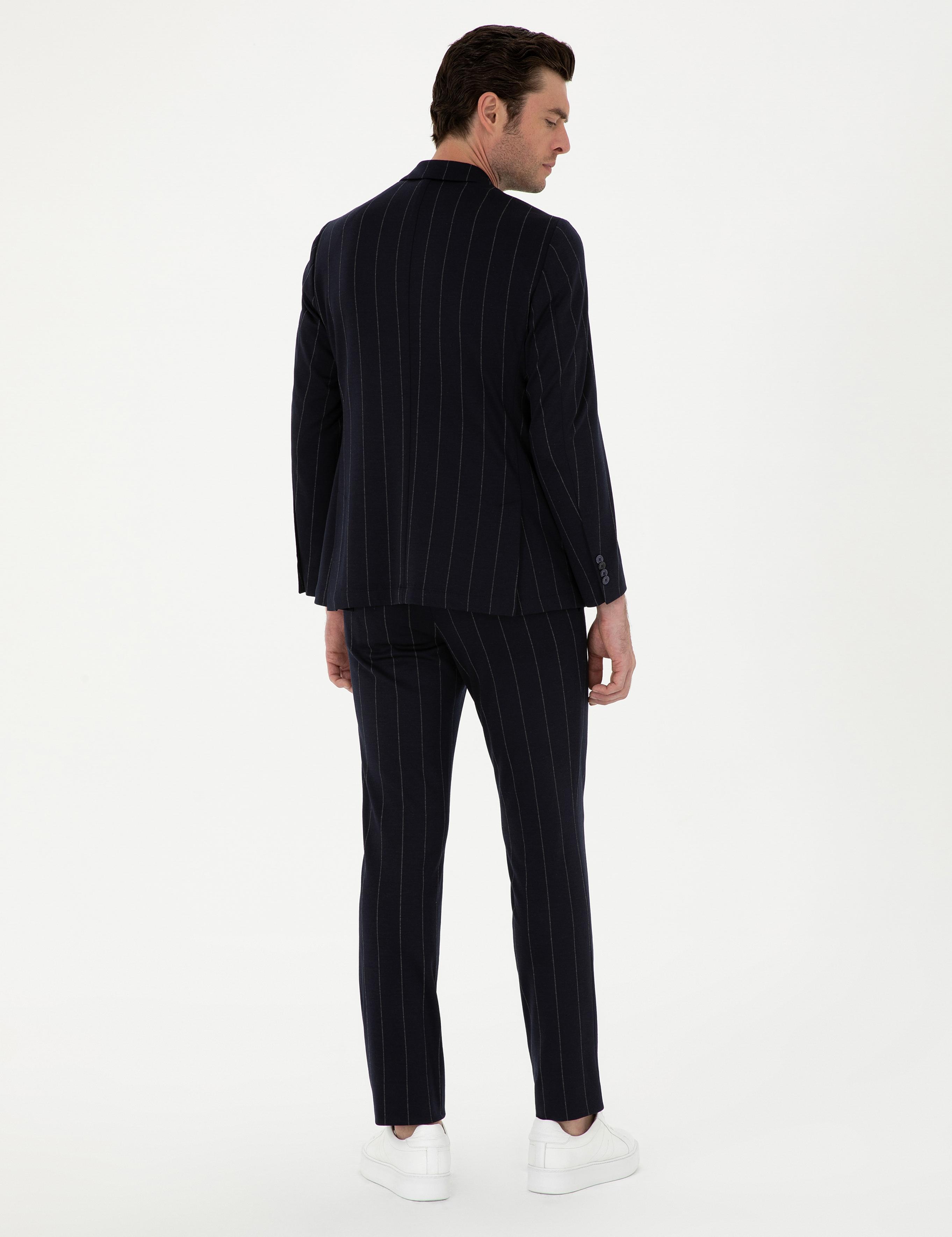 Koyu Lacivert Slim Fit Yün Karışımlı Çizgili Pantolon - 50284757006