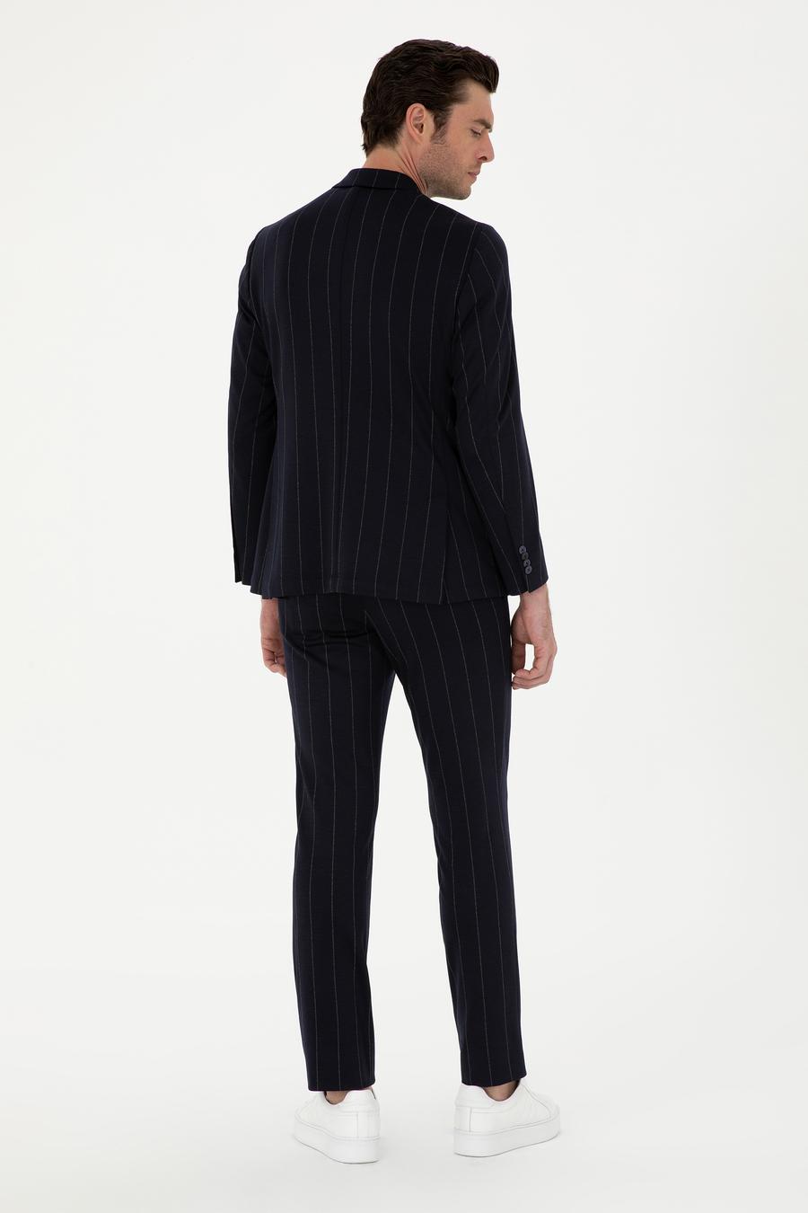 Koyu Lacivert Slim Fit Yün Karışımlı Çizgili Pantolon - 50284757006