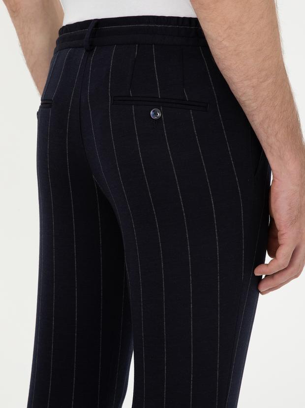 Koyu Lacivert Slim Fit Yün Karışımlı Çizgili Pantolon