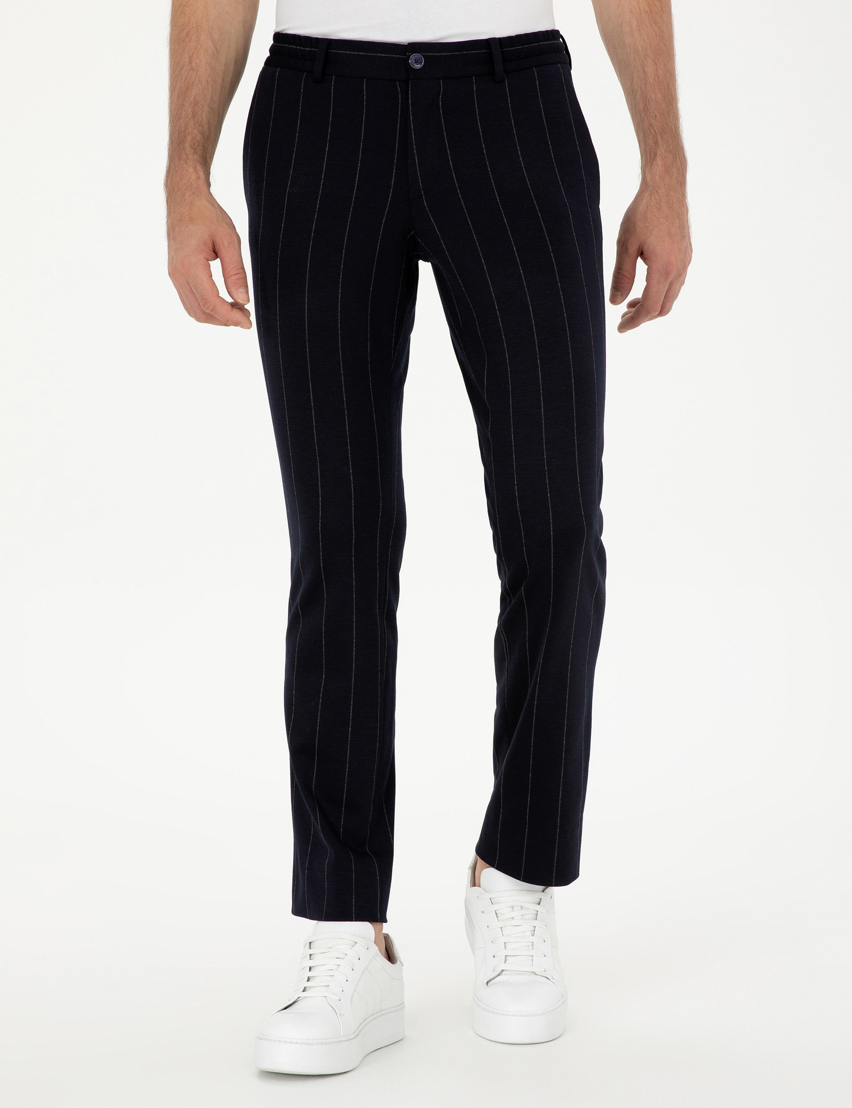 Koyu Lacivert Slim Fit Yün Karışımlı Çizgili Pantolon - 50284757006