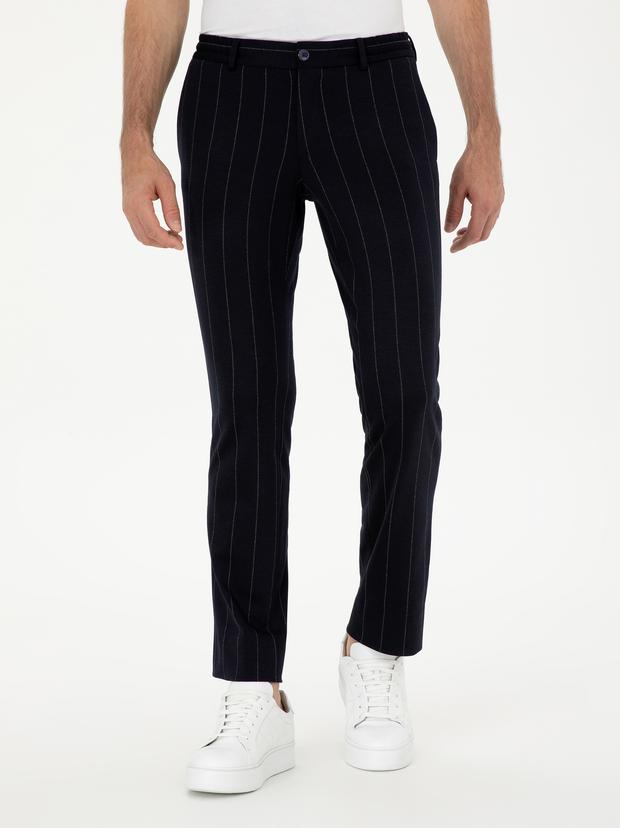 Koyu Lacivert Slim Fit Yün Karışımlı Çizgili Pantolon
